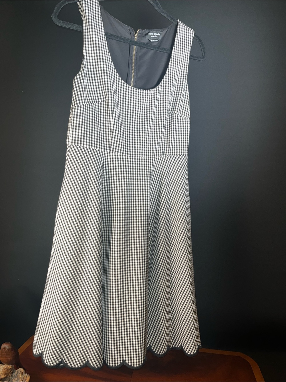 KATE SPADE  Black & White Gingham Scallop-Hem Fit & Flare Dress SIZE MEDIUM - Picture 2 of 7